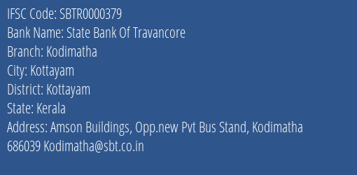 State Bank Of Travancore Kodimatha Branch, Branch Code 000379 & IFSC Code Sbtr0000379