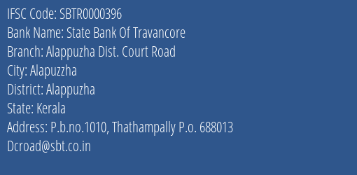 State Bank Of Travancore Alappuzha Dist. Court Road Branch, Branch Code 000396 & IFSC Code Sbtr0000396