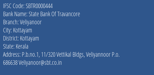 State Bank Of Travancore Veliyanoor Branch, Branch Code 000444 & IFSC Code Sbtr0000444