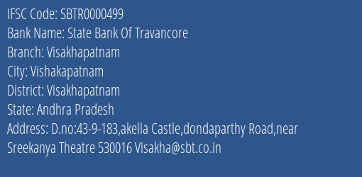 State Bank Of Travancore Visakhapatnam Branch, Branch Code 000499 & IFSC Code SBTR0000499