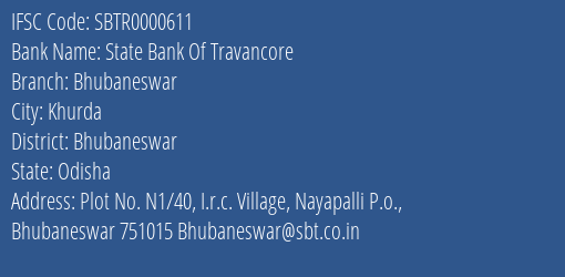 State Bank Of Travancore Bhubaneswar Branch, Branch Code 000611 & IFSC Code SBTR0000611