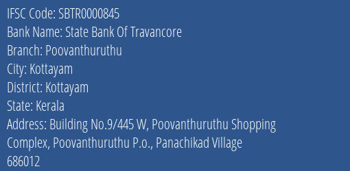 State Bank Of Travancore Poovanthuruthu Branch, Branch Code 000845 & IFSC Code Sbtr0000845
