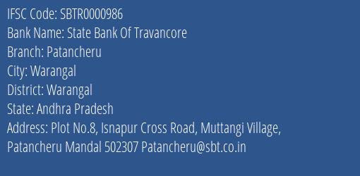 State Bank Of Travancore Patancheru Branch, Branch Code 000986 & IFSC Code SBTR0000986