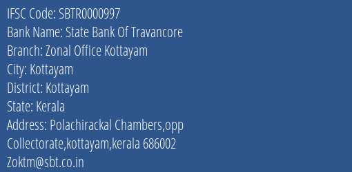 State Bank Of Travancore Zonal Office Kottayam Branch, Branch Code 000997 & IFSC Code Sbtr0000997