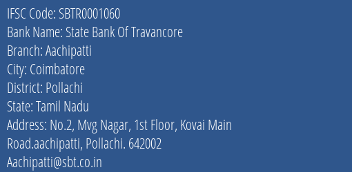 State Bank Of Travancore Aachipatti Branch Pollachi IFSC Code SBTR0001060