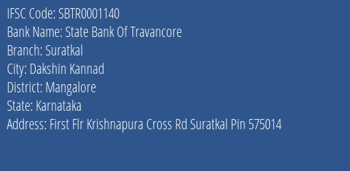 State Bank Of Travancore Suratkal Branch Mangalore IFSC Code SBTR0001140