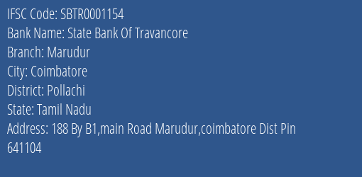 State Bank Of Travancore Marudur Branch, Branch Code 001154 & IFSC Code Sbtr0001154