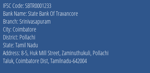 State Bank Of Travancore Srinivasapuram Branch Pollachi IFSC Code SBTR0001233