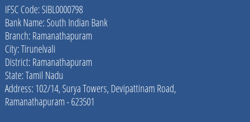 South Indian Bank Ramanathapuram Branch, Branch Code 000798 & IFSC Code Sibl0000798