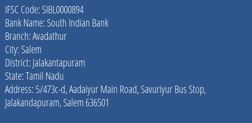 South Indian Bank Avadathur Branch, Branch Code 000894 & IFSC Code Sibl0000894