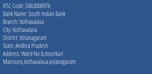 South Indian Bank Kothavalasa Branch, Branch Code 000976 & IFSC Code SIBL0000976