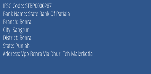 State Bank Of Patiala Benra Branch, Branch Code 000287 & IFSC Code Stbp0000287