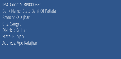 State Bank Of Patiala Kala Jhar Branch, Branch Code 000330 & IFSC Code Stbp0000330