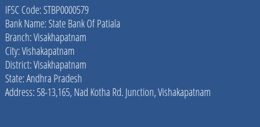 State Bank Of Patiala Visakhapatnam Branch, Branch Code 000579 & IFSC Code STBP0000579