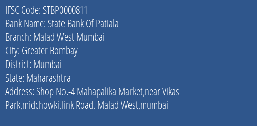 State Bank Of Patiala Malad West Mumbai Branch Mumbai IFSC Code STBP0000811