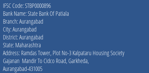 State Bank Of Patiala Aurangabad Branch, Branch Code 000896 & IFSC Code STBP0000896