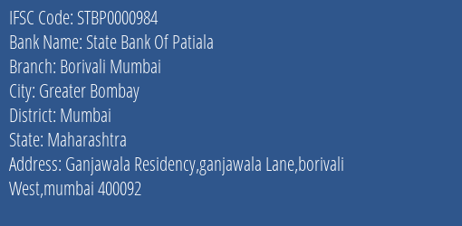 State Bank Of Patiala Borivali Mumbai Branch Mumbai IFSC Code STBP0000984