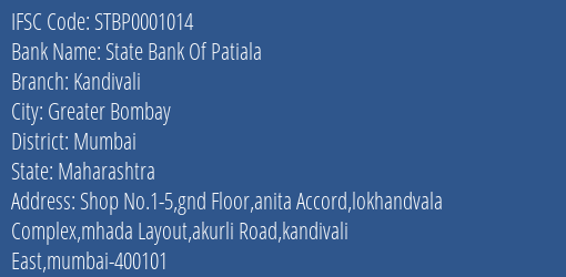 State Bank Of Patiala Kandivali Branch Mumbai IFSC Code STBP0001014