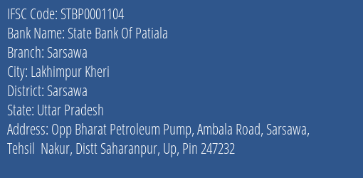 State Bank Of Patiala Sarsawa Branch, Branch Code 001104 & IFSC Code Stbp0001104