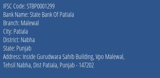 State Bank Of Patiala Malewal Branch, Branch Code 001299 & IFSC Code Stbp0001299