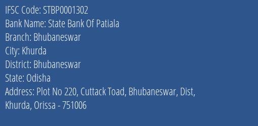 State Bank Of Patiala Bhubaneswar Branch, Branch Code 001302 & IFSC Code STBP0001302