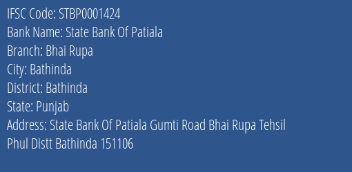 State Bank Of Patiala Bhai Rupa Branch, Branch Code 001424 & IFSC Code Stbp0001424
