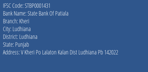 State Bank Of Patiala Kheri Branch, Branch Code 001431 & IFSC Code Stbp0001431