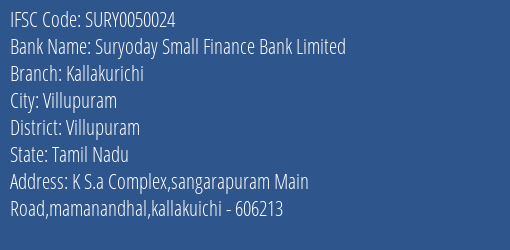Suryoday Small Finance Bank Limited Kallakurichi Branch, Branch Code 050024 & IFSC Code SURY0050024
