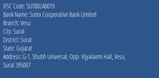 Sutex Cooperative Bank Limited Vesu Branch, Branch Code 248019 & IFSC Code Sutb0248019