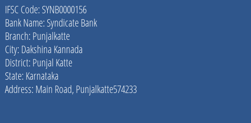 Syndicate Bank Punjalkatte Branch Punjal Katte IFSC Code SYNB0000156