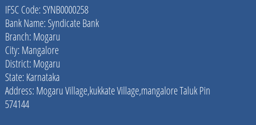 Syndicate Bank Mogaru Branch Mogaru IFSC Code SYNB0000258