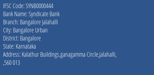 Syndicate Bank Bangalore Jalahalli Branch Bangalore IFSC Code SYNB0000444