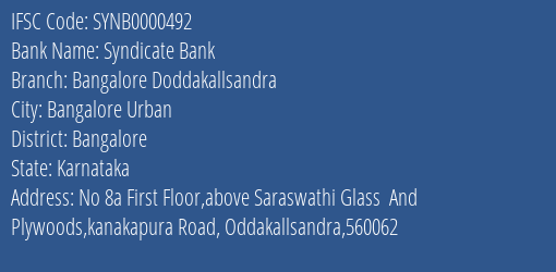 Syndicate Bank Bangalore Doddakallsandra Branch Bangalore IFSC Code SYNB0000492