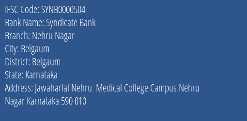 Syndicate Bank Nehru Nagar Branch Belgaum IFSC Code SYNB0000504