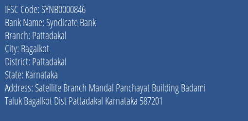 Syndicate Bank Pattadakal Branch Pattadakal IFSC Code SYNB0000846
