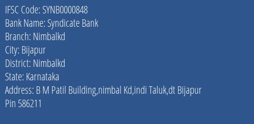 Syndicate Bank Nimbalkd Branch Nimbalkd IFSC Code SYNB0000848