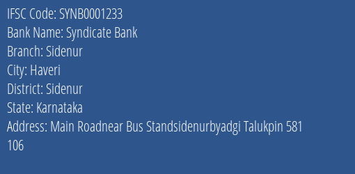 Syndicate Bank Sidenur Branch Sidenur IFSC Code SYNB0001233
