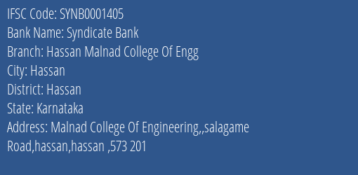 Syndicate Bank Hassan Malnad College Of Engg Branch Hassan IFSC Code SYNB0001405