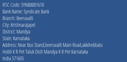 Syndicate Bank Beeruvalli Branch Mandya IFSC Code SYNB0001610