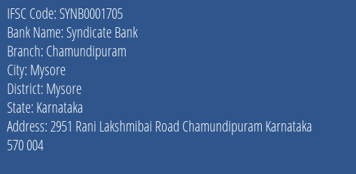 Syndicate Bank Chamundipuram Branch Mysore IFSC Code SYNB0001705