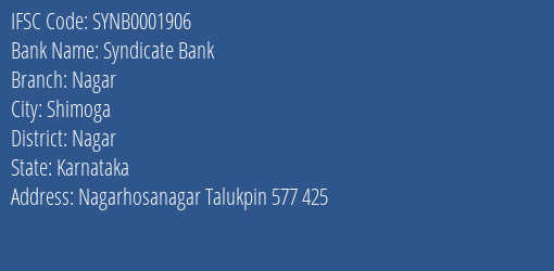 Syndicate Bank Nagar Branch Nagar IFSC Code SYNB0001906