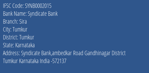 Syndicate Bank Sira Branch Tumkur IFSC Code SYNB0002015