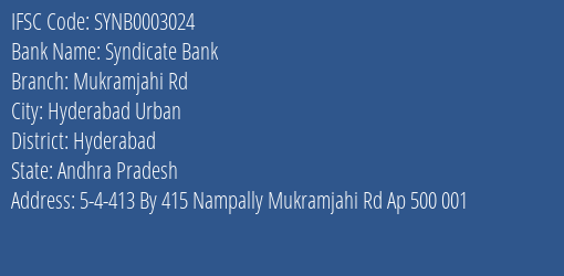 Syndicate Bank Mukramjahi Rd Branch Hyderabad IFSC Code SYNB0003024