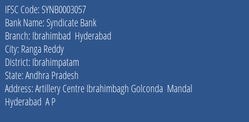 Syndicate Bank Ibrahimbad Hyderabad Branch Ibrahimpatam IFSC Code SYNB0003057