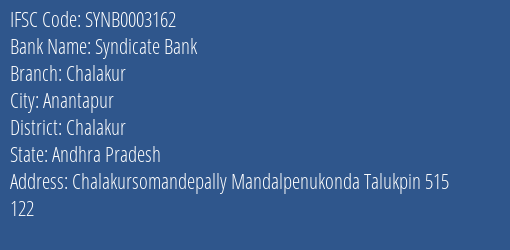 Syndicate Bank Chalakur Branch Chalakur IFSC Code SYNB0003162