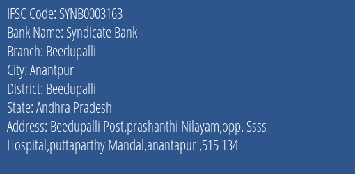 Syndicate Bank Beedupalli Branch Beedupalli IFSC Code SYNB0003163