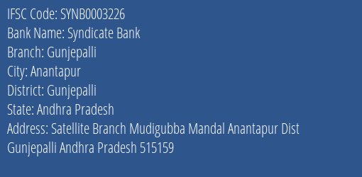 Syndicate Bank Gunjepalli Branch Gunjepalli IFSC Code SYNB0003226