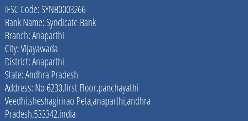 Syndicate Bank Anaparthi Branch Anaparthi IFSC Code SYNB0003266
