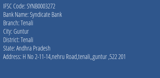 Syndicate Bank Tenali Branch Tenali IFSC Code SYNB0003272