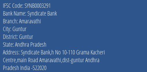 Syndicate Bank Amaravathi Branch Guntur IFSC Code SYNB0003291